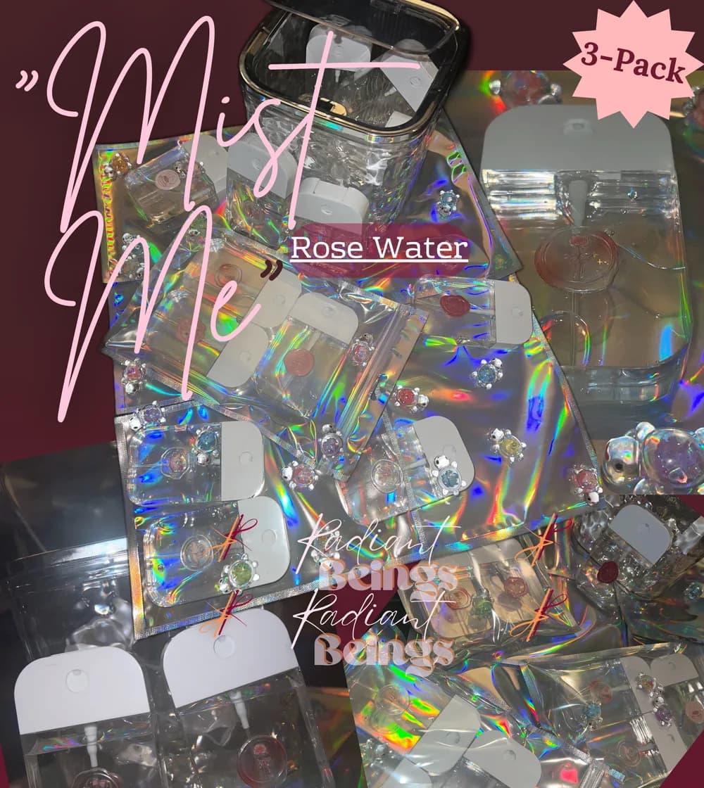 A pile of iridescent pouches of Mist Me Rose Water under the product's script logo, with a “3-Pack” badge in the corner.